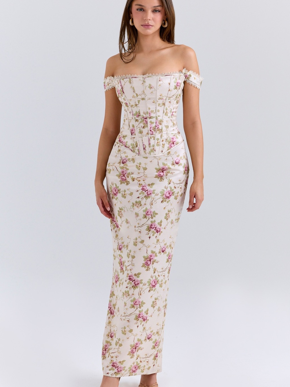 House of CB Isis Vintage Cream Floral Print Corset Maxi Dress size L+